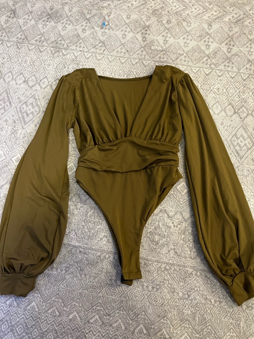 Olive Green Long Sleeve V-Neck Bodysuit